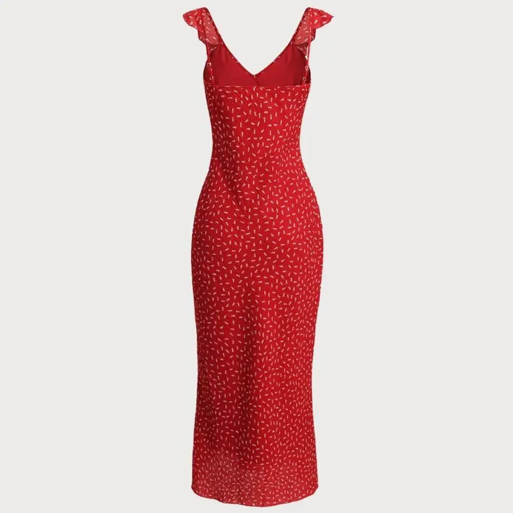RIHOAS Red Floral V Neck Ruffle Maxi Dress XS - Picture 2 of 4